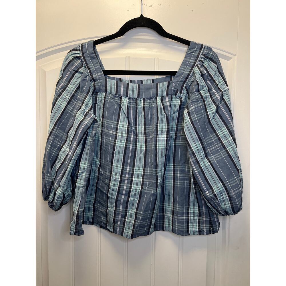 Lauren Conrad Women’s Square Neck Plaid 3/4 Sleeve Pullover Top Size PS Blue - Picture 2 of 4